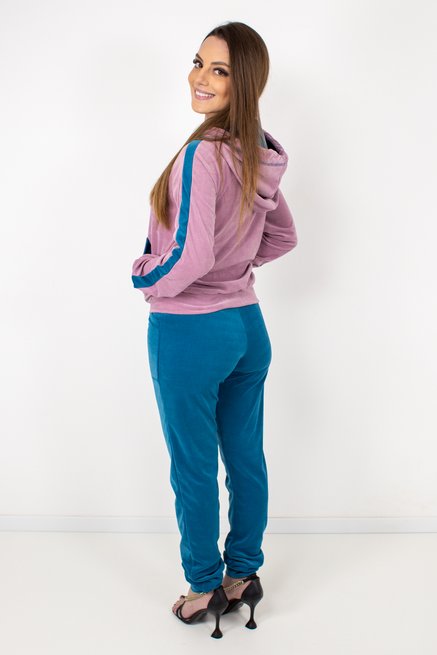 Conjunto Feminino Canguru Plush Liso Azul e Rosa Claro