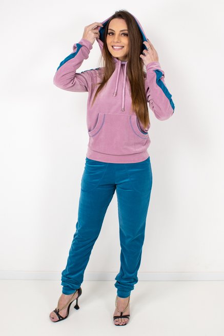 Conjunto Feminino Canguru Plush Liso Azul e Rosa Claro