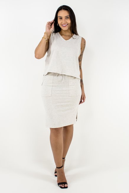 Conjunto Feminino Colete e Saia Liso Bege Mescla