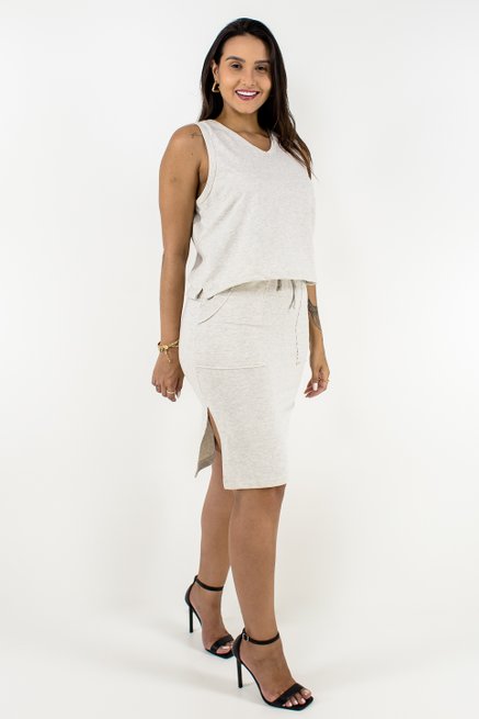 Conjunto Feminino Colete e Saia Liso Bege Mescla