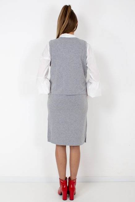 Conjunto Feminino Colete e Saia Liso Cinza Claro