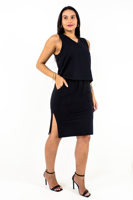 Conjunto Feminino Colete e Saia Liso Preto