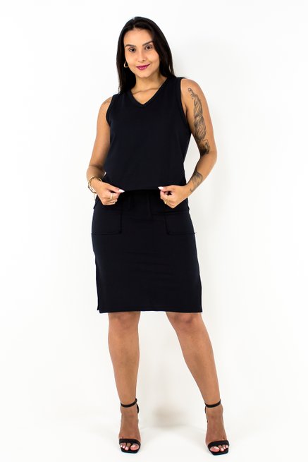 Conjunto Feminino Colete e Saia Liso Preto