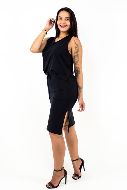 Conjunto Feminino Colete e Saia Liso Preto