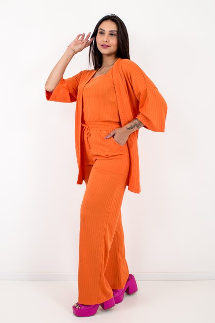 Conjunto Feminino kimono Três Peças Canelado Liso Laranja