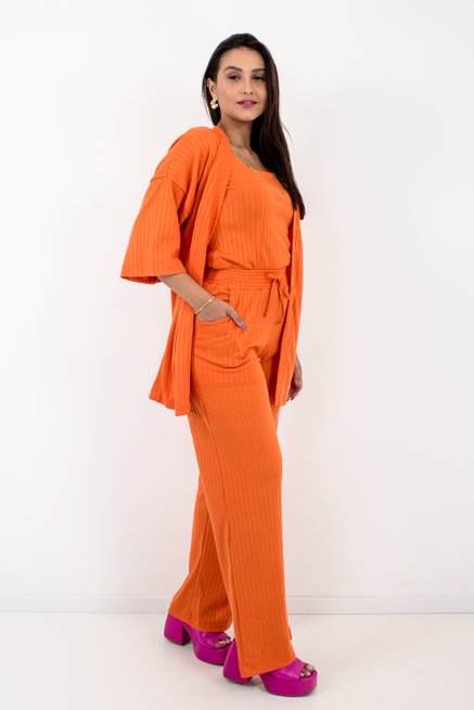 Conjunto Feminino kimono Três Peças Canelado Liso Laranja