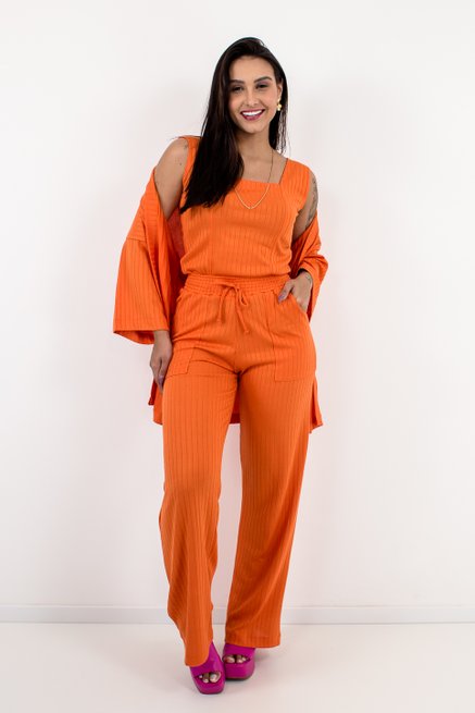 Conjunto Feminino kimono Três Peças Canelado Liso Laranja
