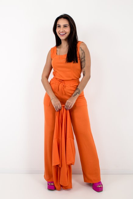 Conjunto Feminino kimono Três Peças Canelado Liso Laranja