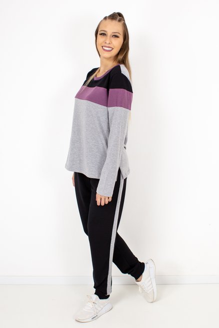 Conjunto Feminino Manga Longa Barra Liso Cinza e Preto