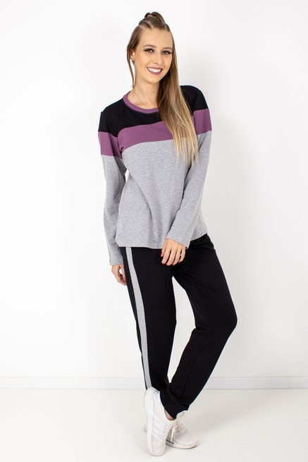 Conjunto Feminino Manga Longa Barra Liso Cinza e Preto