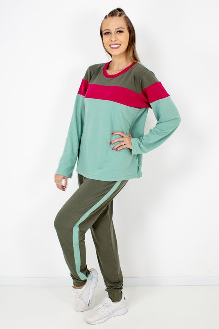 Conjunto Feminino Manga Longa Barra Liso Verde e Rosa