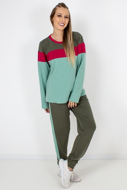 Conjunto Feminino Manga Longa Barra Liso Verde e Rosa
