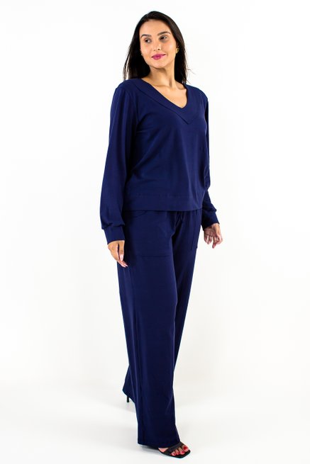Conjunto Feminino Manga Longa Malhão Liso Marinho