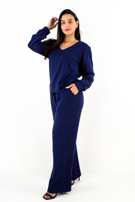 Conjunto Feminino Manga Longa Malhão Liso Marinho