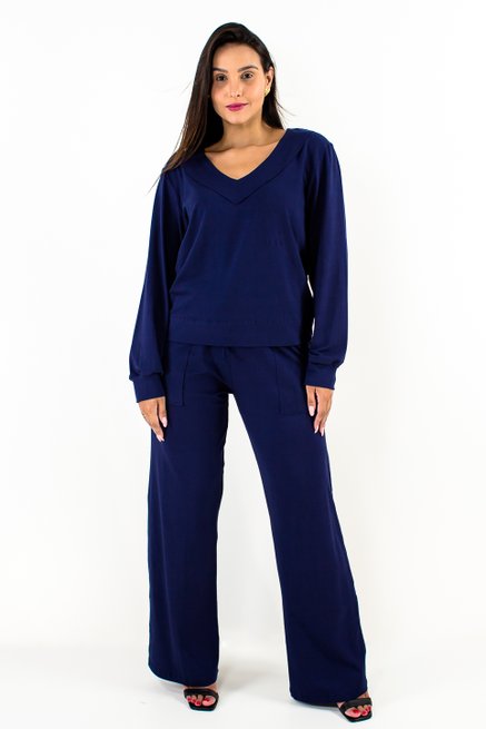 Conjunto Feminino Manga Longa Malhão Liso Marinho