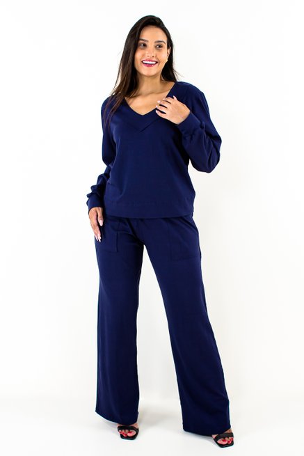 Conjunto Feminino Manga Longa Malhão Liso Marinho