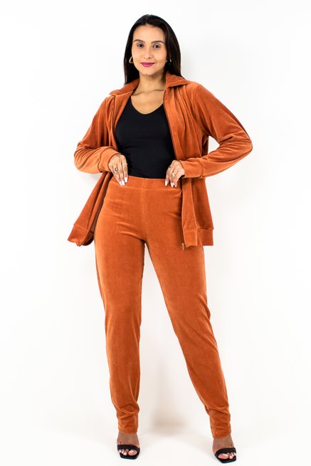 Conjunto Feminino Manga Longa Plush Liso Terracota