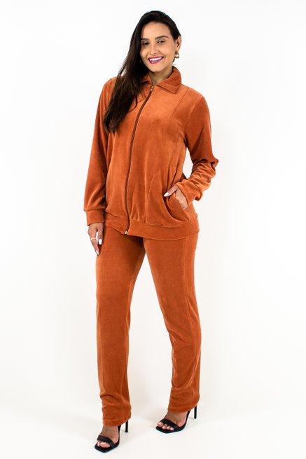 Conjunto Feminino Manga Longa Plush Liso Terracota