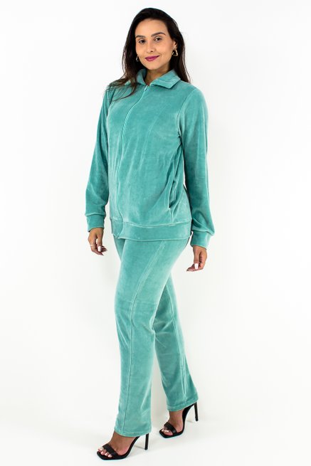 Conjunto Feminino Manga Longa Plush Liso Verde Água