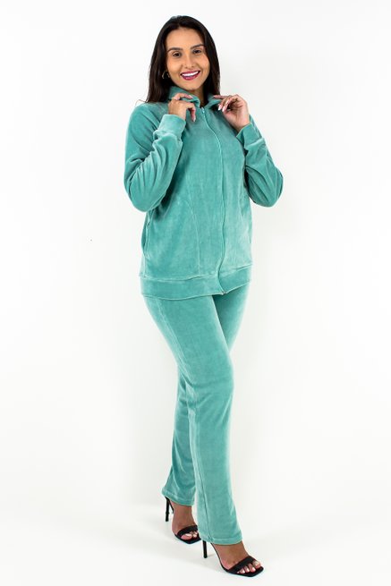 Conjunto Feminino Manga Longa Plush Liso Verde Água