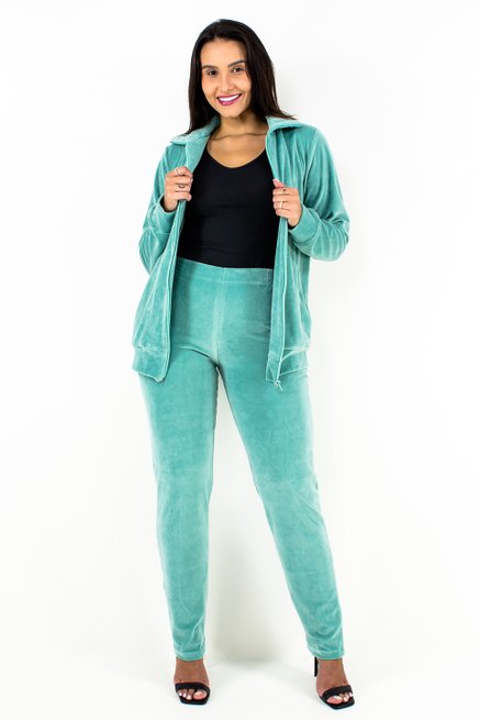 Conjunto Feminino Manga Longa Plush Liso Verde Água