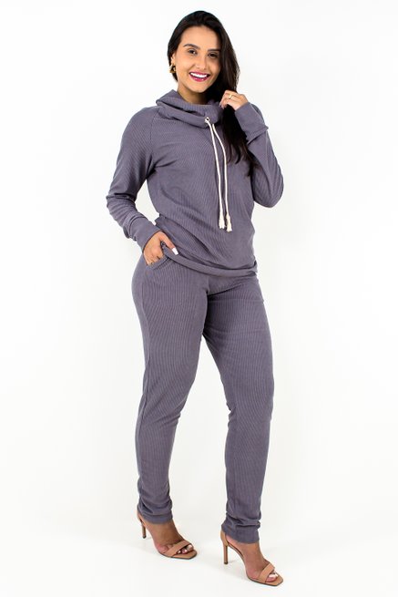 Conjunto Feminino Manga Longa Veludo Cotele Liso Cinza