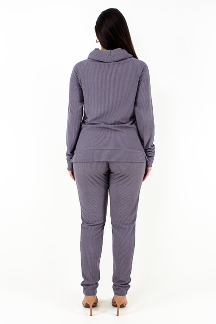 Conjunto Feminino Manga Longa Veludo Cotele Liso Cinza