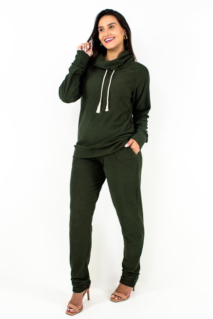 Conjunto Feminino Manga Longa Veludo Cotele Liso Verde Militar