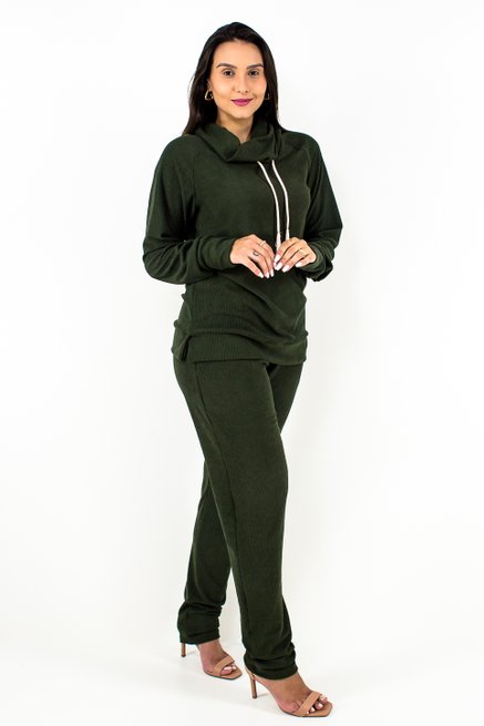 Conjunto Feminino Manga Longa Veludo Cotele Liso Verde Militar