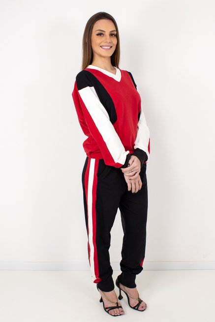 Conjunto Feminino Moletinho Rústico Liso Preto e Vermelho