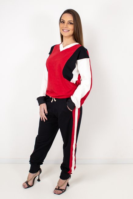 Conjunto Feminino Moletinho Rústico Liso Preto e Vermelho