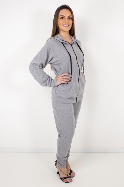 Conjunto Jaqueta Feminino Manga Longa Moletinho Liso Cinza Mescla