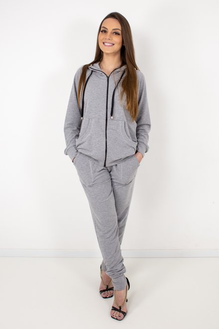 Conjunto Jaqueta Feminino Manga Longa Moletinho Liso Cinza Mescla