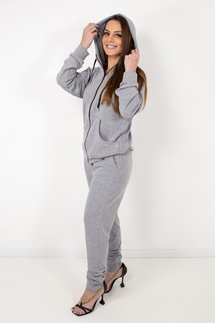 Conjunto Jaqueta Feminino Manga Longa Moletinho Liso Cinza Mescla