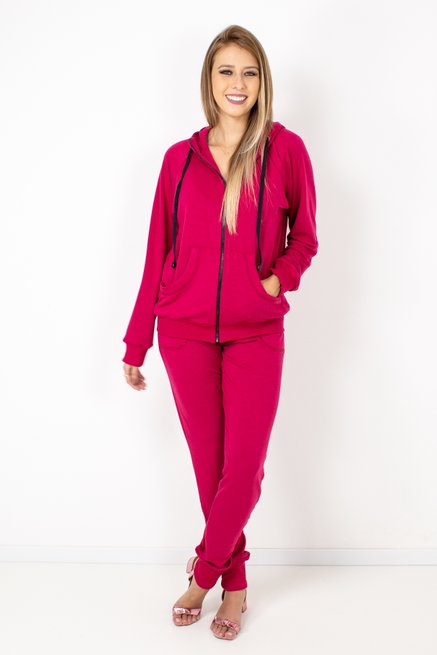 Conjunto Jaqueta Feminino Manga Longa Moletinho Liso Rosa