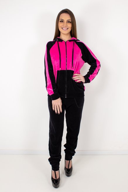 Conjunto Jaqueta Plush Trama Liso Rosa Pink e Preto