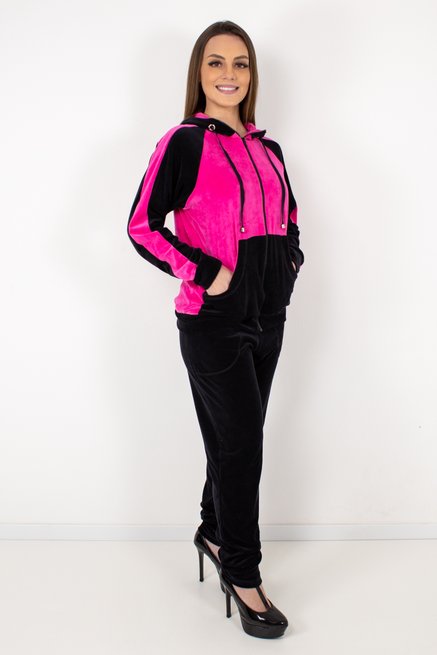 Conjunto Jaqueta Plush Trama Liso Rosa Pink e Preto