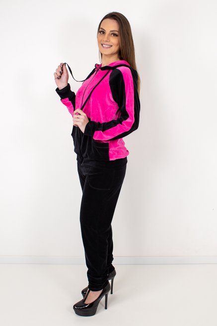 Conjunto Jaqueta Plush Trama Liso Rosa Pink e Preto
