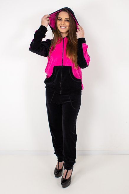 Conjunto Jaqueta Plush Trama Liso Rosa Pink e Preto