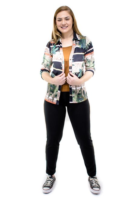 Conjunto Manga 7/8 Crepe Estampado Preto Folhas 3 Peças