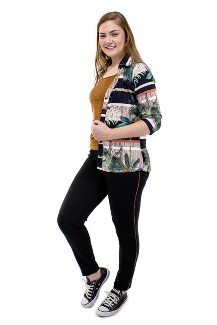 Conjunto Manga 7/8 Crepe Estampado Preto Folhas 3 Peças