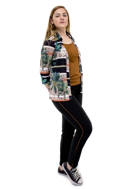 Conjunto Manga 7/8 Crepe Estampado Preto Folhas 3 Peças