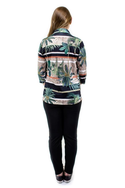 Conjunto Manga 7/8 Crepe Estampado Preto Folhas 3 Peças