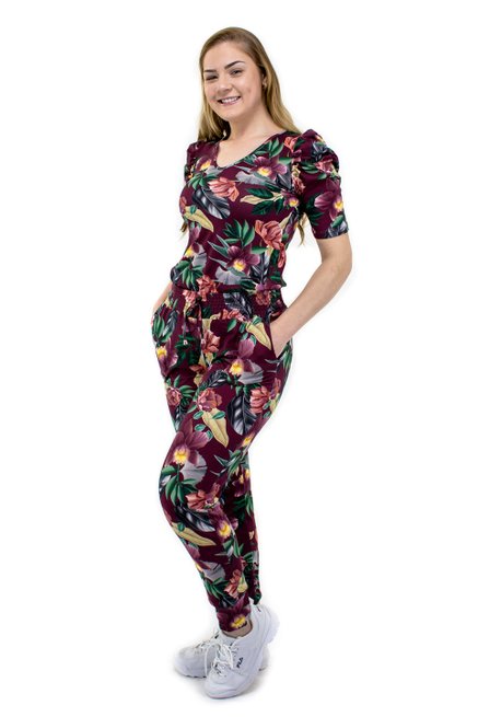Conjunto Manga Curta Bufante Malha Estampa Floral Bordo