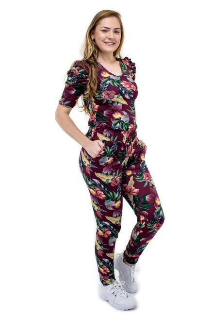 Conjunto Manga Curta Bufante Malha Estampa Floral Bordo