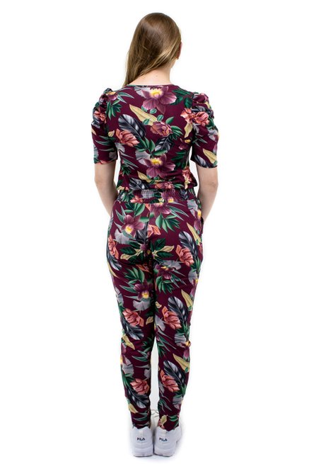 Conjunto Manga Curta Bufante Malha Estampa Floral Bordo