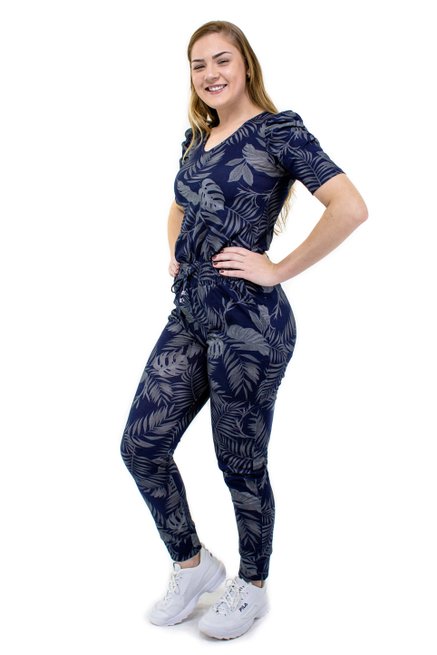 Conjunto Manga Curta Bufante Malha Estampa Folhas Azul Marinho