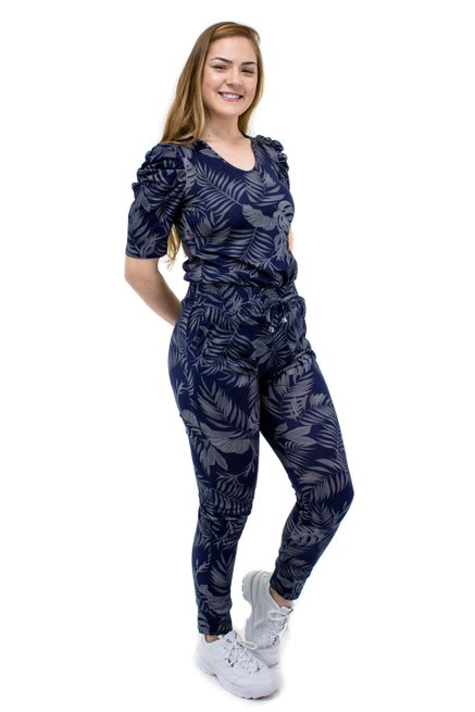 Conjunto Manga Curta Bufante Malha Estampa Folhas Azul Marinho