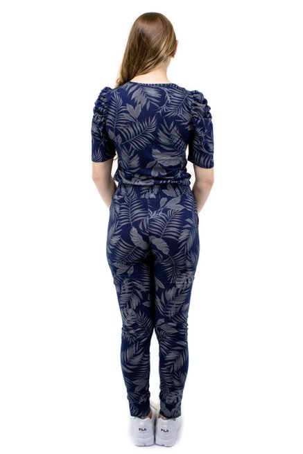 Conjunto Manga Curta Bufante Malha Estampa Folhas Azul Marinho