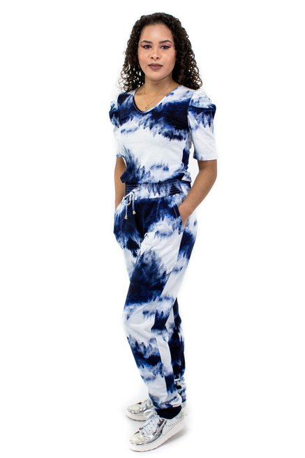 Conjunto Manga Curta Bufante Malha Tie Dy Azul e Branco